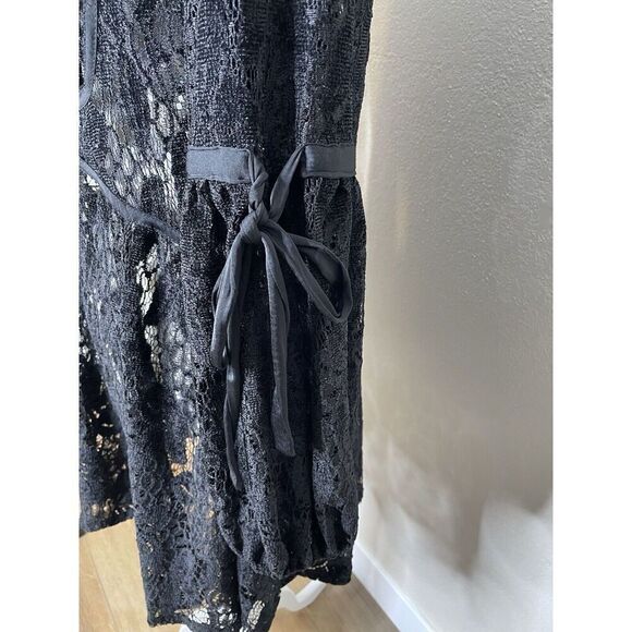 FREE PEOPLE Size M Ruby Black Lace Mini Dress Long Sleeve Sheer Fit Flare - Picture 4 of 12
